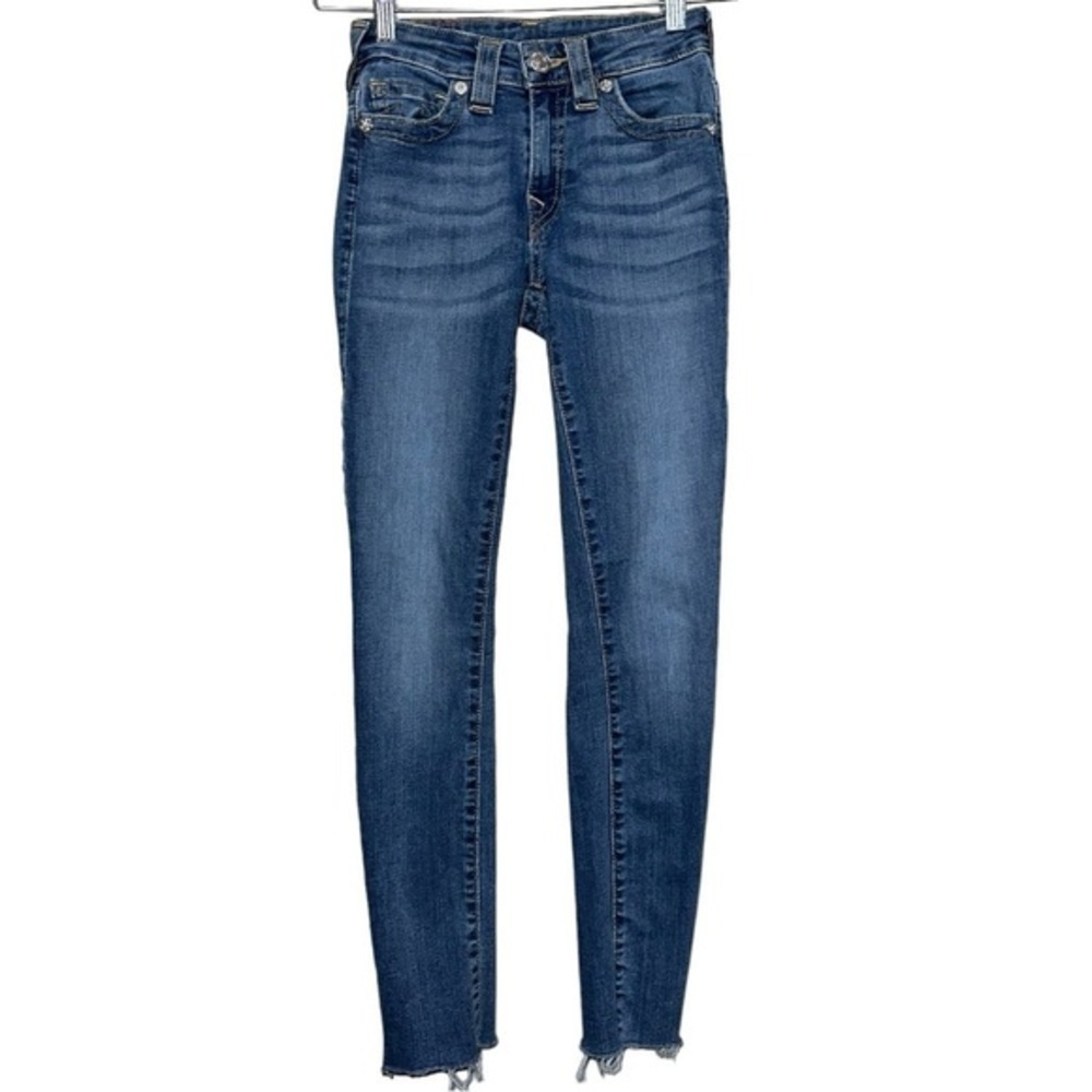 True Religion Size 24 Medium Light Blue Wash Halle Mid Rise Raw Hem Skinny Jeans